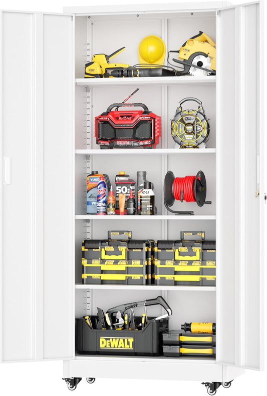 Greenvelly Metal Garage Storage Cabinet with Wheels, 73" White Steel Rolling Cabinet with 2 Door Lock and Adjustable Shelves,Locking Storage Cabinet for Garage Home Office Utility Room