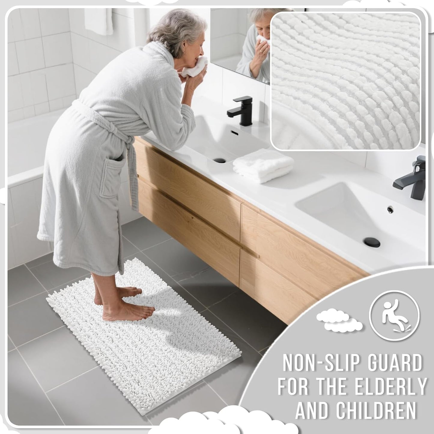 Yimobra Bathroom Rugs Sets 2 Piece - Quick Dry Extra Thick Luxury Chenille Bath Mat, Non Slip Super Absorbent for Tub Shower Sink, Machine Washable Shaggy Floor Mat, 44"x24"+24"x17" Inch, White