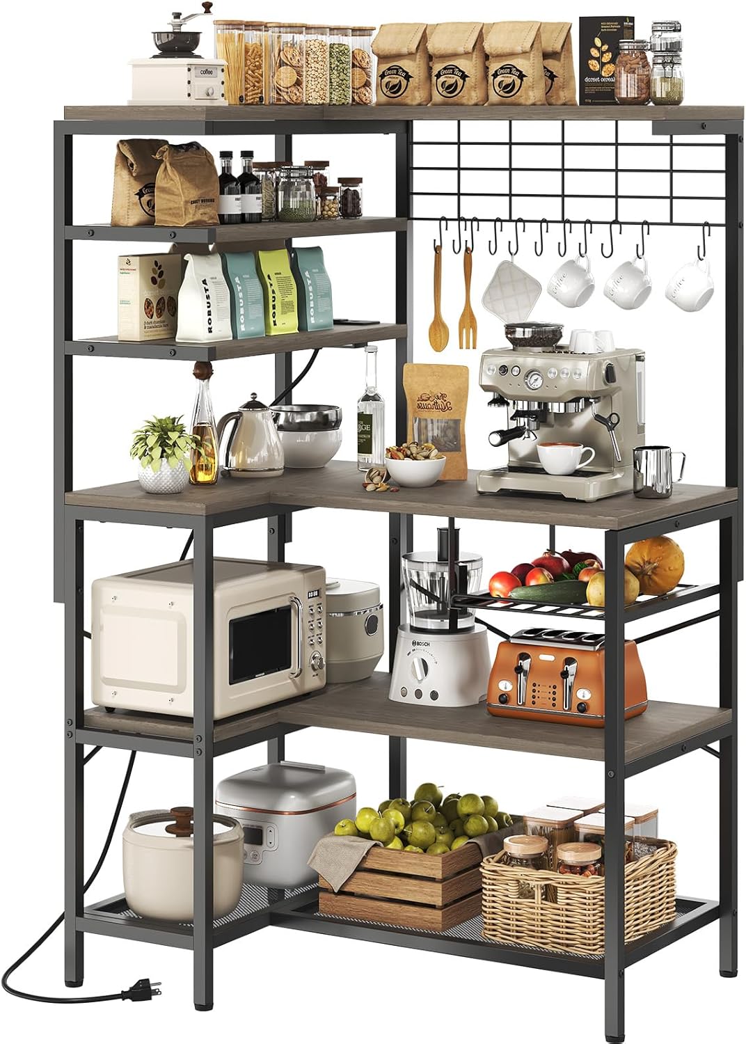 L-Shaped Bakers Rack with Power Outlets, 6-Tier Microwave Stand with Hooks, Coffee Bar with Open Storage, Mesh Grid, Kitchen Shelf with Wire Basket, Grey
