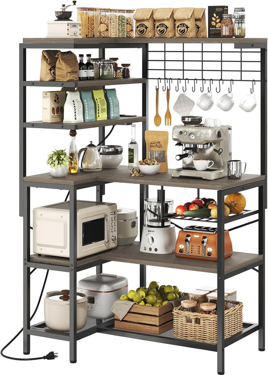 L-Shaped Bakers Rack with Power Outlets, 6-Tier Microwave Stand with Hooks, Coffee Bar with Open Storage, Mesh Grid, Kitchen Shelf with Wire Basket, Grey