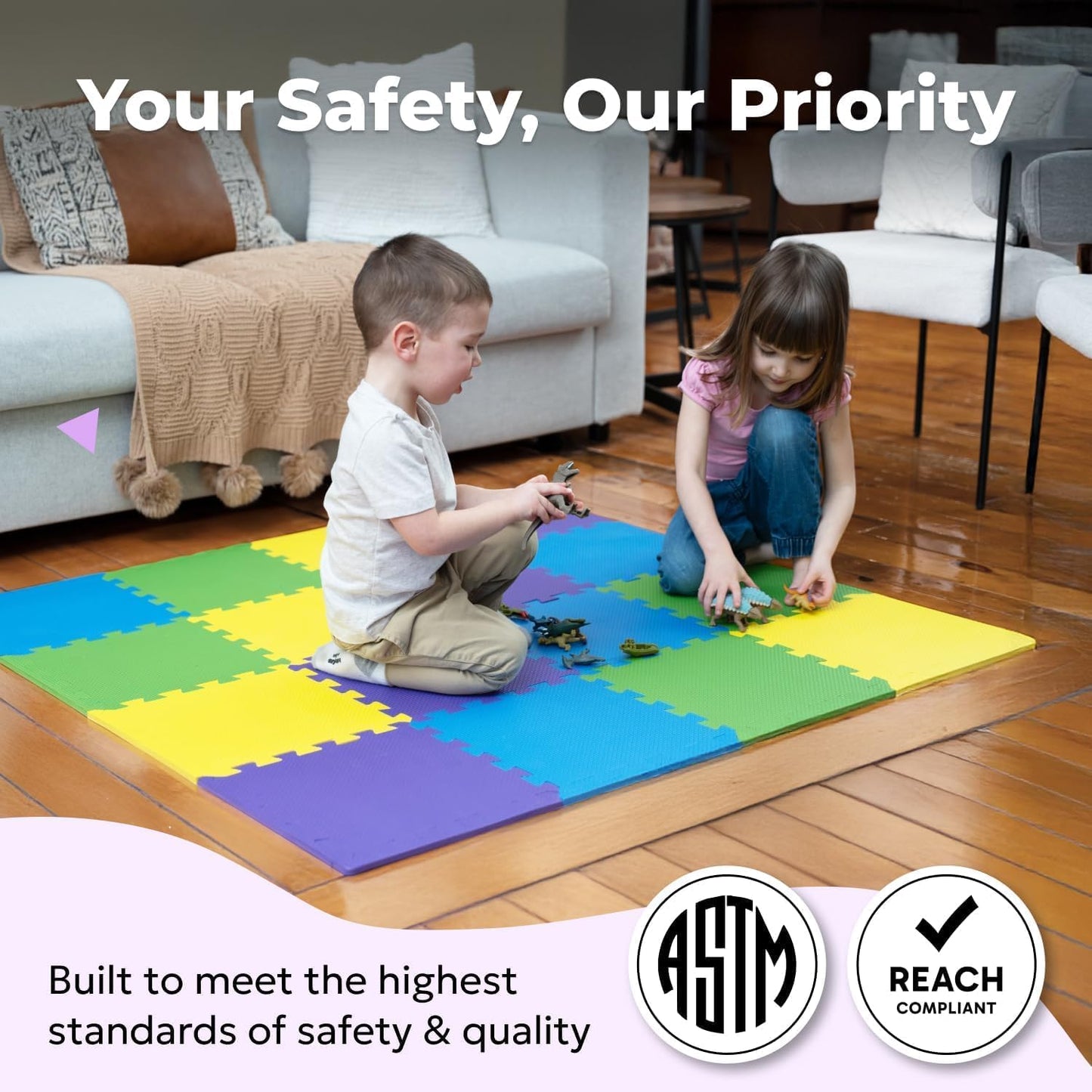 MioTetto Foam Floor Tiles for Kids - Non-Toxic Comfortable Baby Play Mat and Interlocking Foam Tiles, Fits with 50x50 Playpen Mat for Crawling & Development, Soft Play Mat for Babies 6-12 Months