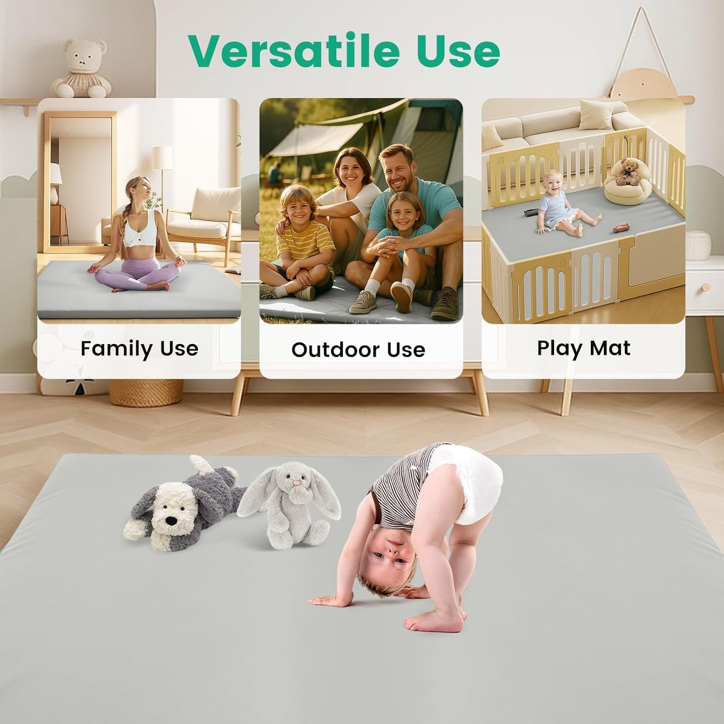 Inaya Baby Play Mat Vegan Leather 50x50”, Waterproof - Wipeable, Soft and Thick Foam Cushioned Floor Mat for Babies and Toddlers, Ideal for Crawling, Tummy Time, Playpen & Diaper Change, Stylish Grey