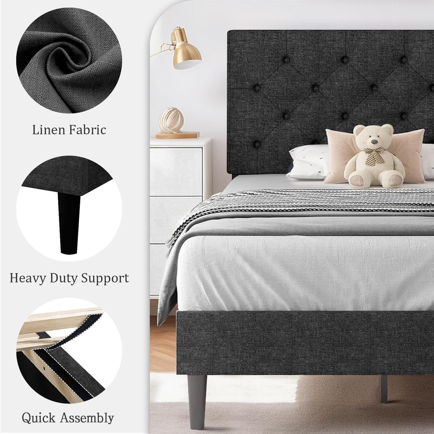 HOMBCK Twin Size Bed Frame with Adjustable Headboard, Linen Fabric Upholstered Bed Frame with Wood Slats, Twin Bed Frames for Kids, Button Tufted Design, No Box Spring Needed, Dark Grey