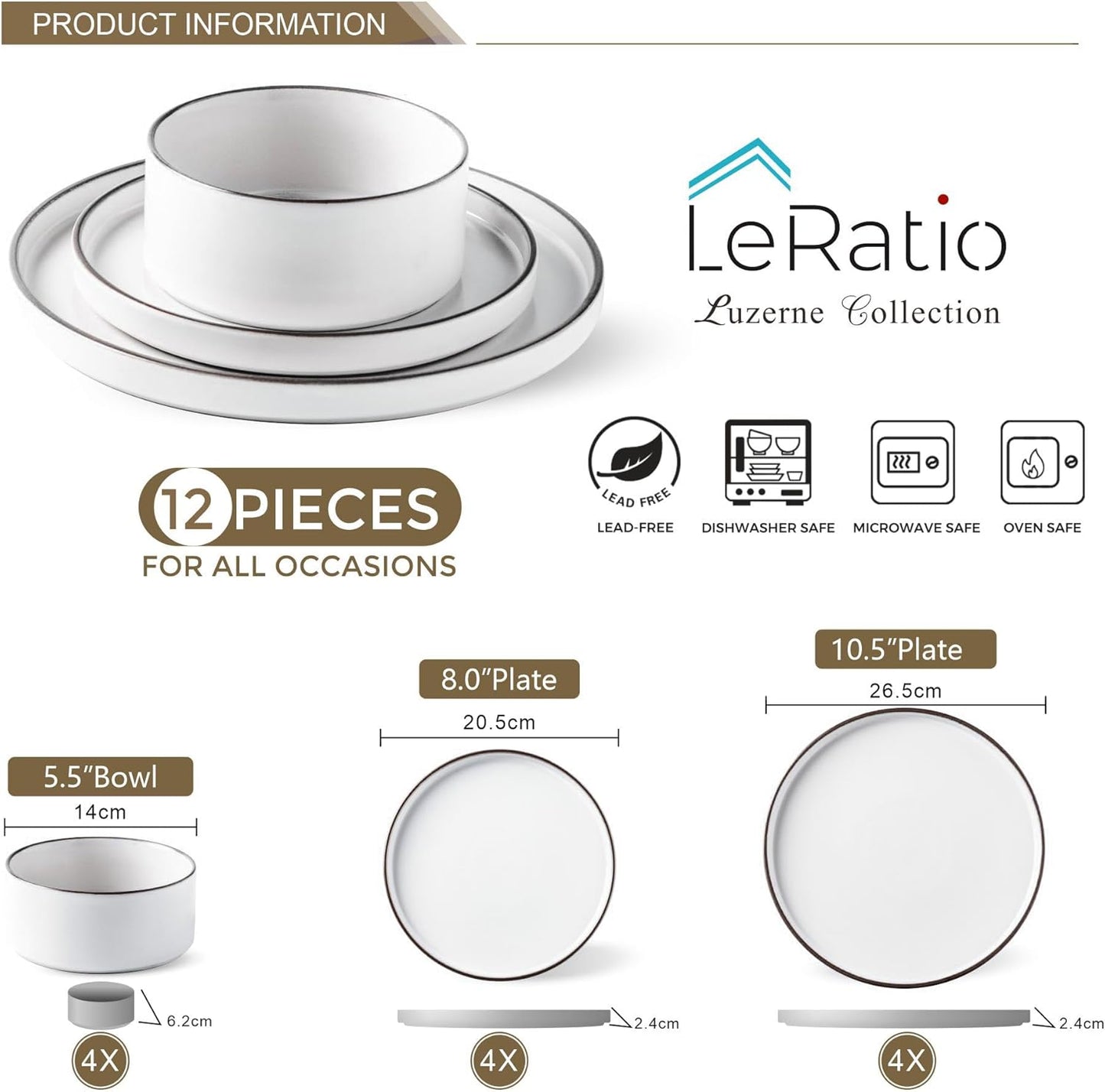 LERATIO Ceramic Dinnerware Sets for 4, High Edge Stoneware Plates and Bowls Set, Chip and Crack Resistant | Oven & Dishwasher & Microwave Safe Dishes Set, Service for 4