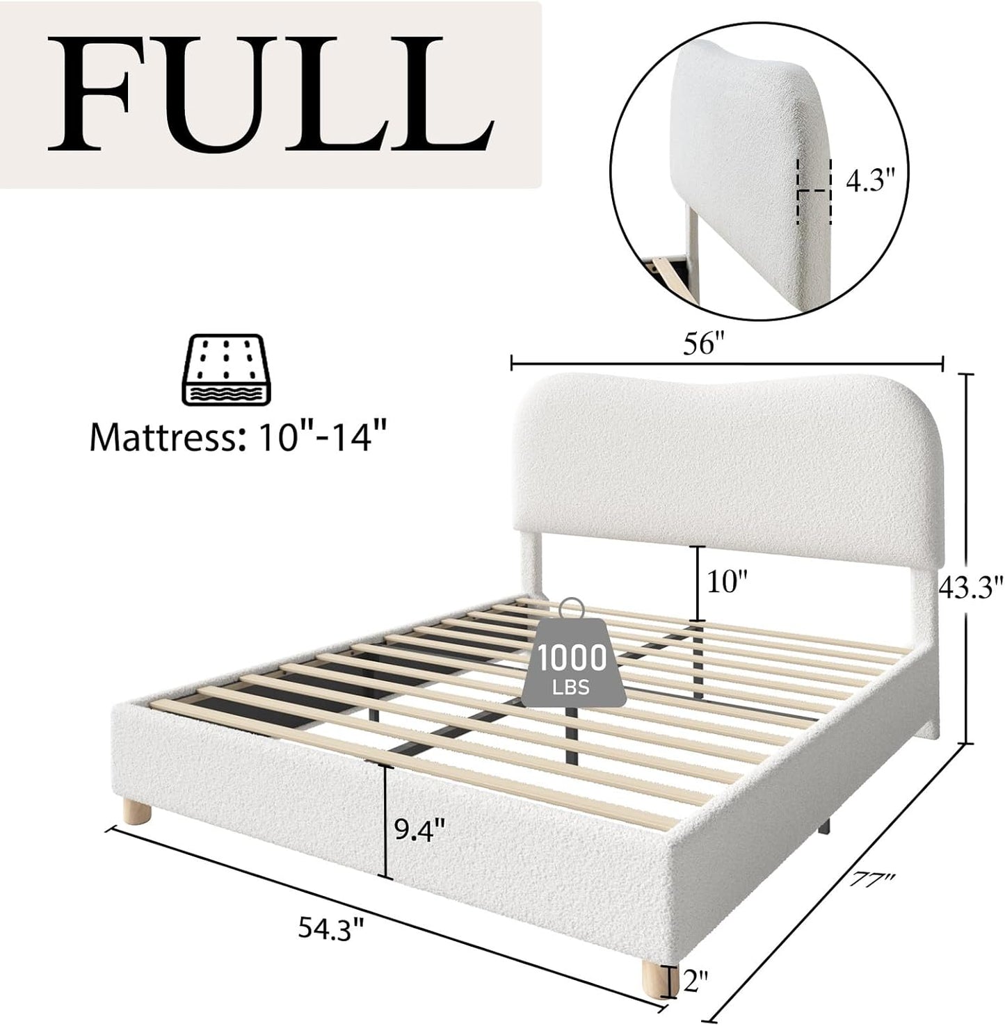 AMERLIFE Full Size Upholstered Boucle Bed Frame, Soft Cloud Platform Bed with Adjustable Headboard, Modern Design, Rounded Corners, Rubberwood Legs, No Box Spring Needed, Easy Assembly, Cream