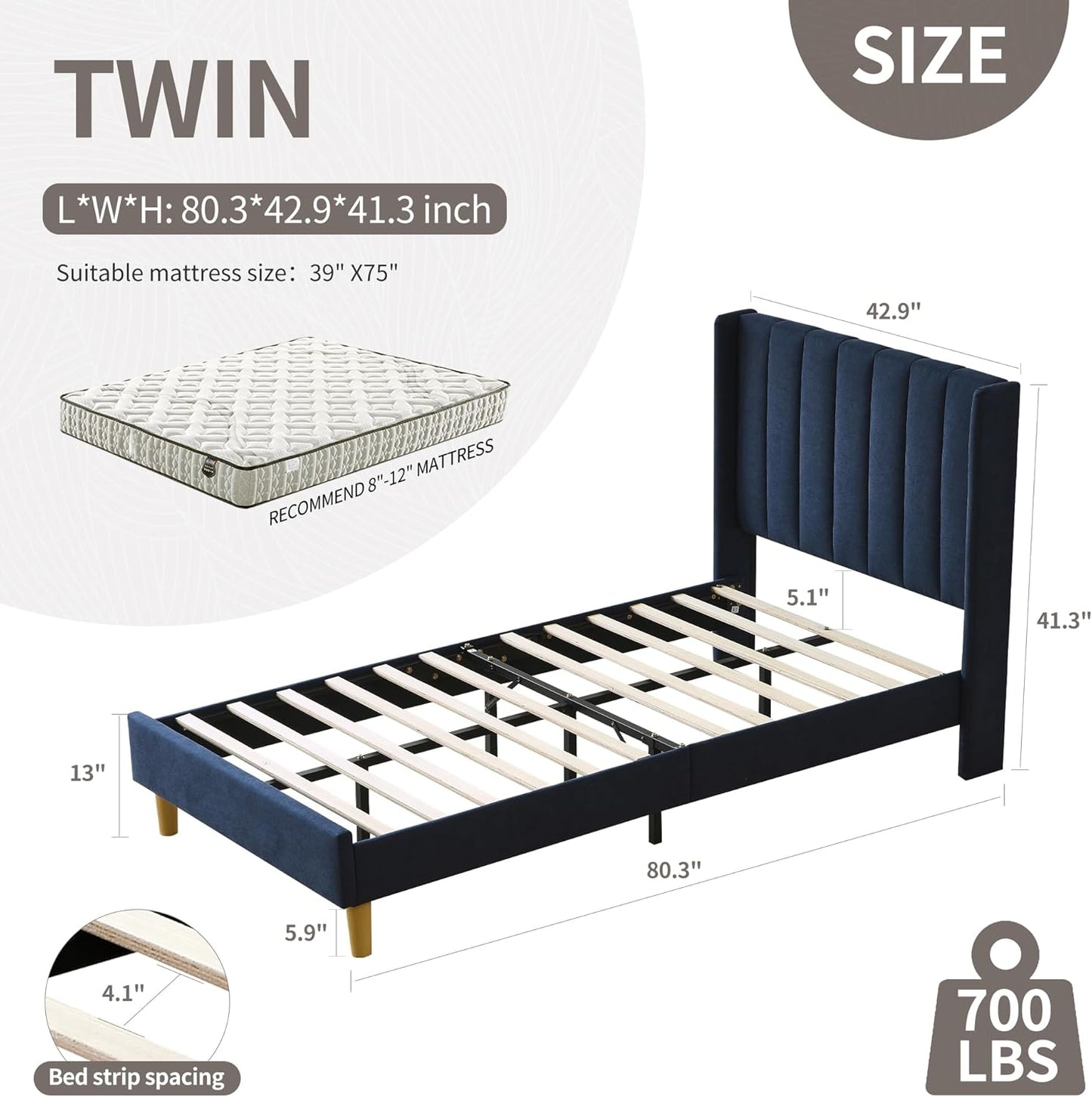 YUHUASHI upholstered Platform Bed Frame/Twin Bed Frame/Modern Geometric Double-Wing Design headboard/Linen Fabric/Easy to Assemble no Noise (Navy Blue, Twin)