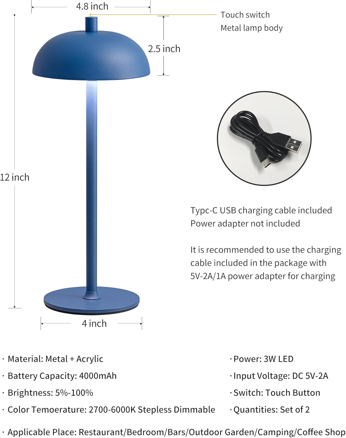 LED 12" Small Cordless Table Lamp Set of 2, 4000mAh Portable Touch Desk Lamp, 3 Color Dimming Rechargable Battery Powered Lamps, for Bedroom, Outdoor, Restaurant, Bedside, Night Lights (Blue)