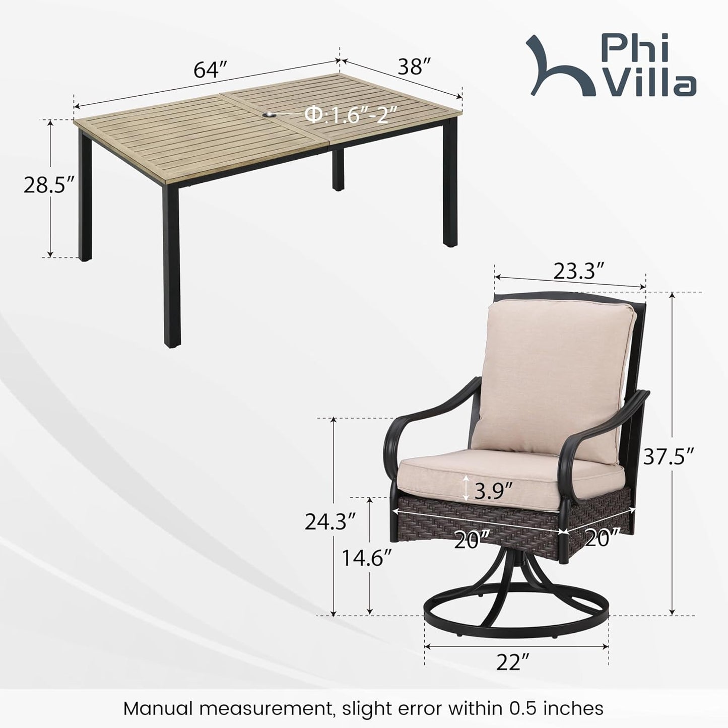 PHI VILLA 7-Piece Outdoor Dining Set, Heavy Duty Patio Table and Chairs Set with Umbrella Hole for 6, 64" Rectangular Patio Woodgrain Metal Table & Swivel Chairs with Cushions