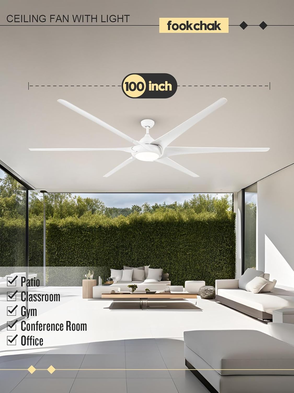 100in White Large Ceiling Fan with Lights Remote Control 6-Blade Outdoor Ceiling Fan Light for Patio, Multi-Speed Reversible Airflow for Garage Home Office Gym Room Living Room