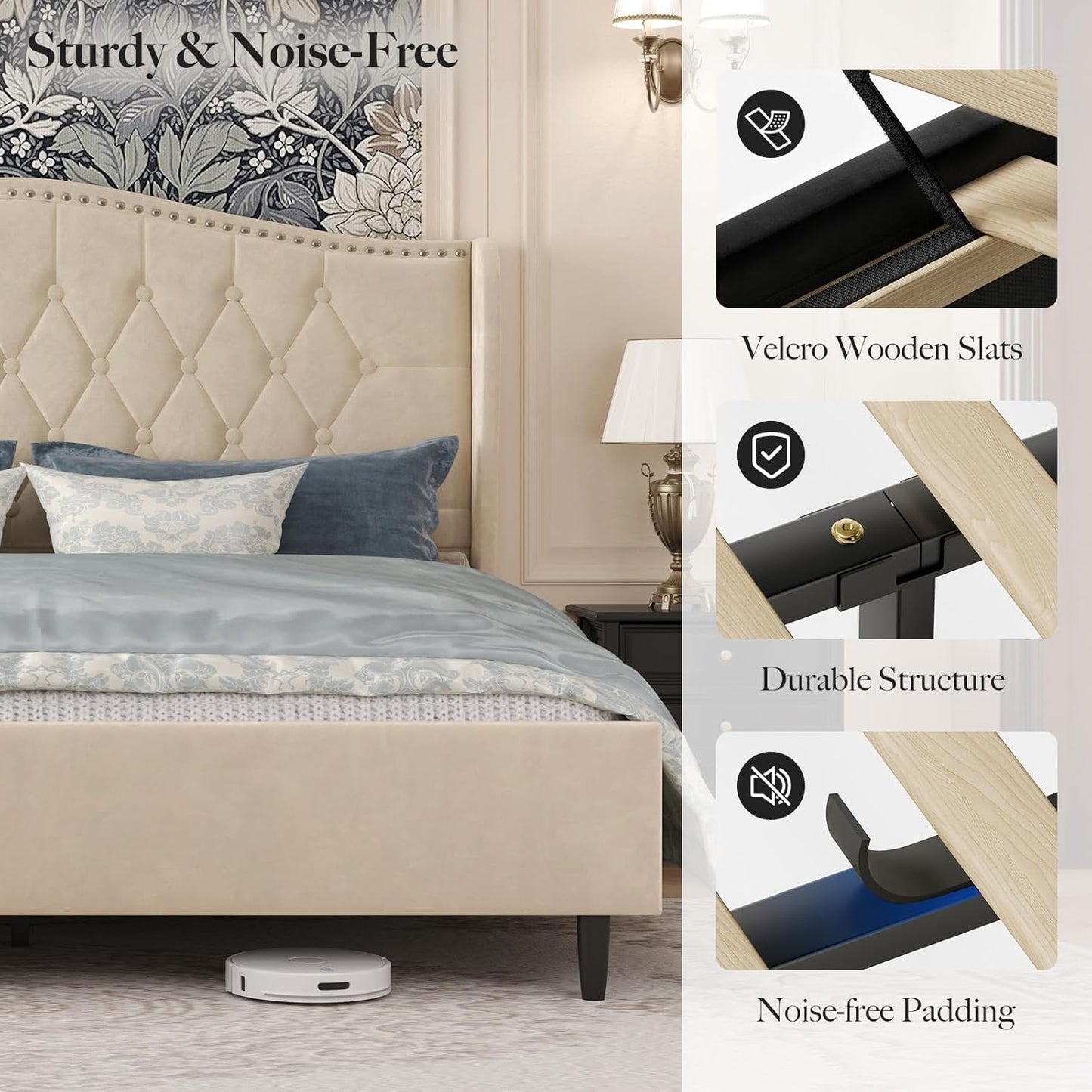 Belffin Full Size Bed Frame with Headboard, Luxury Upholstered Velvet Platform Bed with Wingback, Button Tufted & Nailhead Trim, Anti-Slide Tall Footboard, No Box Spring Needed, Noise-Free, Beige