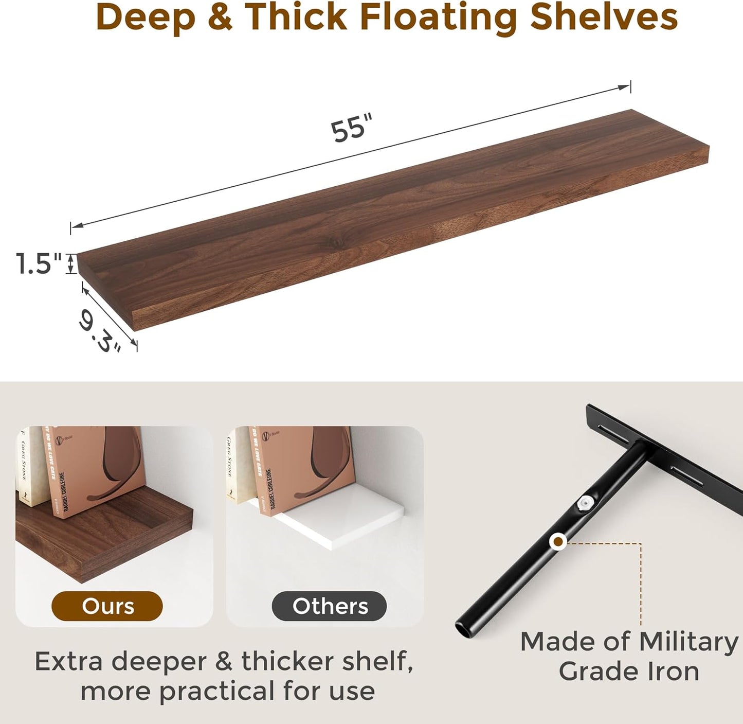 55 Inch Floating Shelves Set of 2, Rustic 55 x 9.3 Floating Shelf for Wall, 9.3 Inch Deep Wall Shelves Invisible Bracket, Large Deep Shelving for Bedroom, Kicten, Living Room, Walnut Color