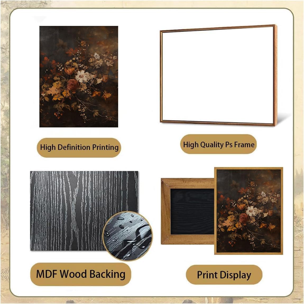 Djmwtb Vintage Fall Framed Wall Art Autumn Dark Floral Canvas Wall Art Prints Moody Botanical Painting Flower Pictures Artwork for Living Room Bedroom Bathroom Office 12x16in