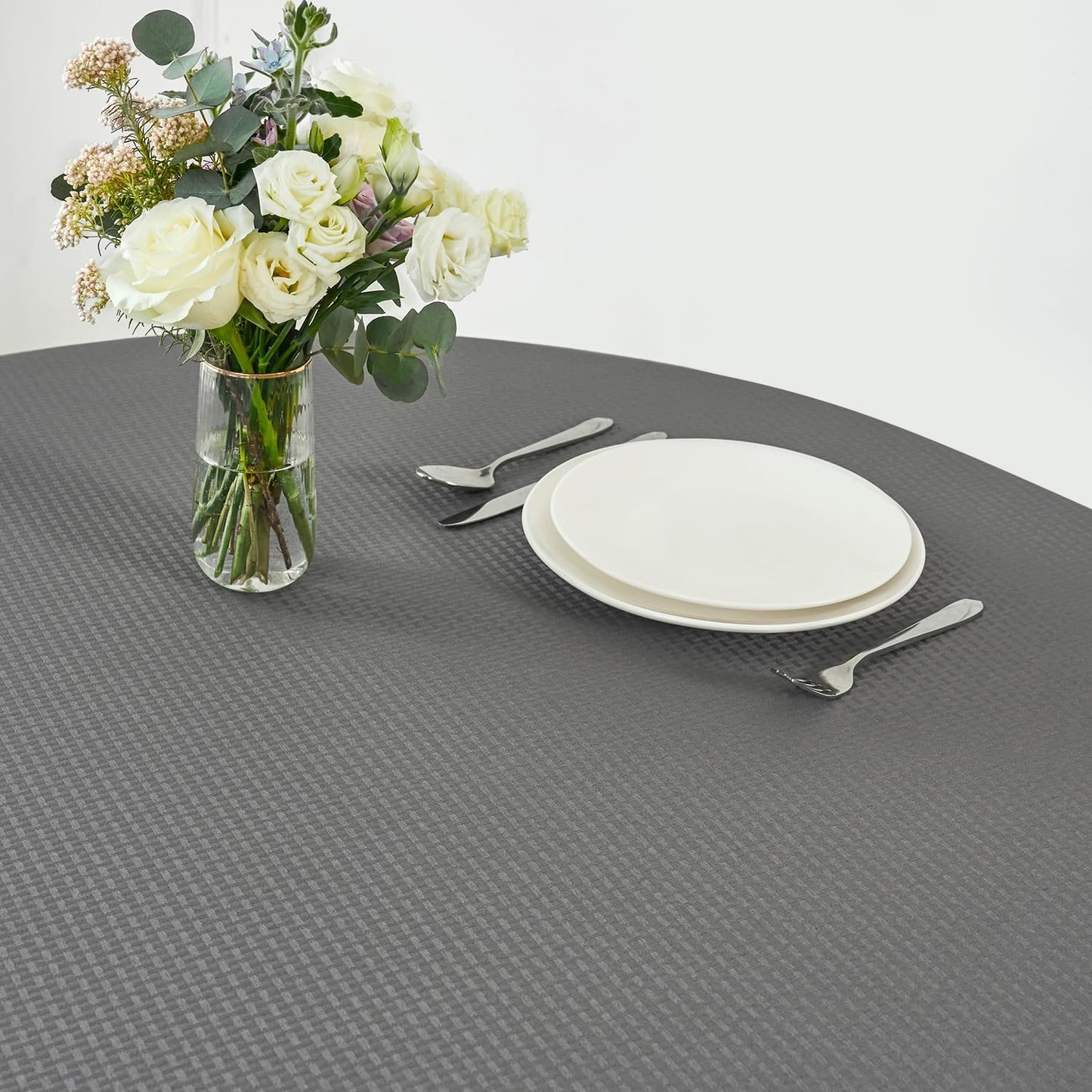 maxmill Round Weaved Texture Design Tablecloth Spill-Proof Wrinkle Free Soft Washable Table Cloth for Round Table Cover, for Dining Room Buffet Banquet Parties Holiday Dinner, 70 Inch Charcoal Gray