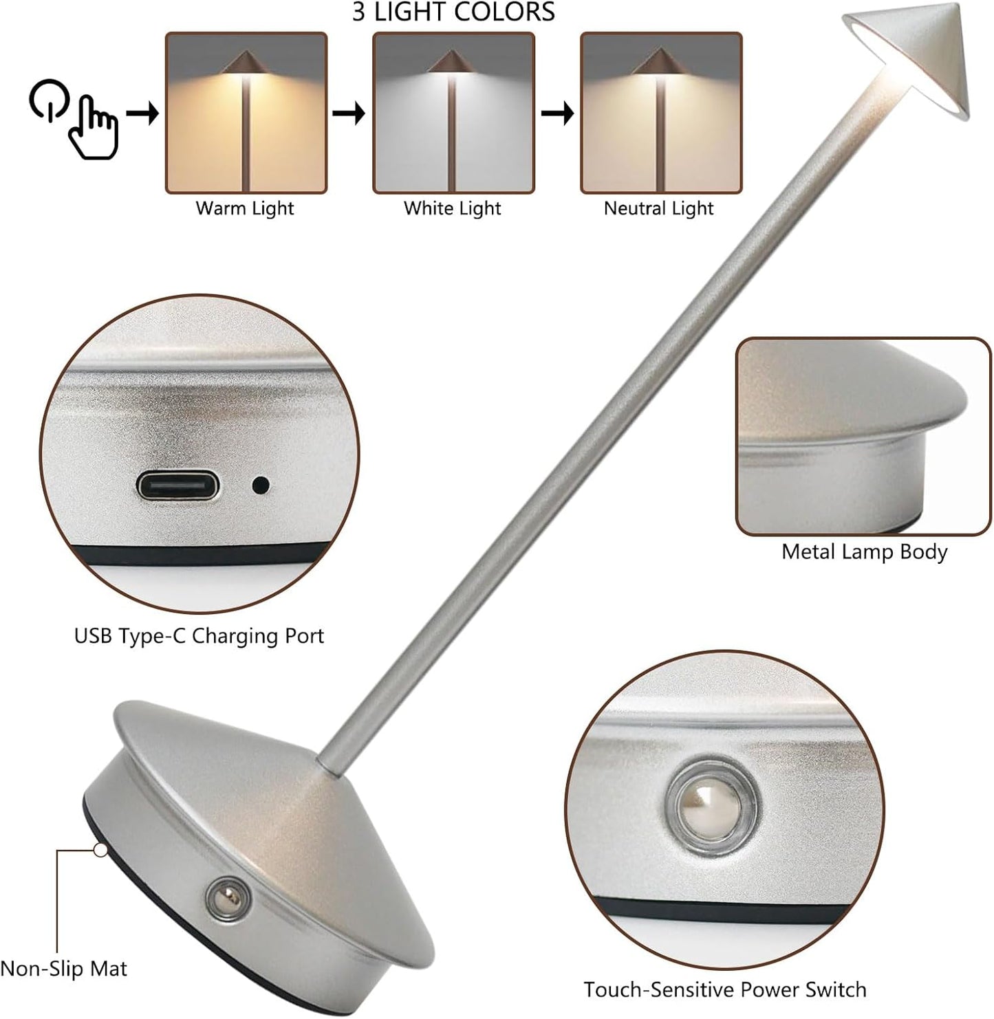 Cordless LED Table Lamp, Rechargeable 5200mAH Battery Operated Lamp for Decor, 3 Color Stepless Dimming Desk Lamps, for Restaurant, Bedroom, Outdoor Camping, Coffee Shop, Night Light