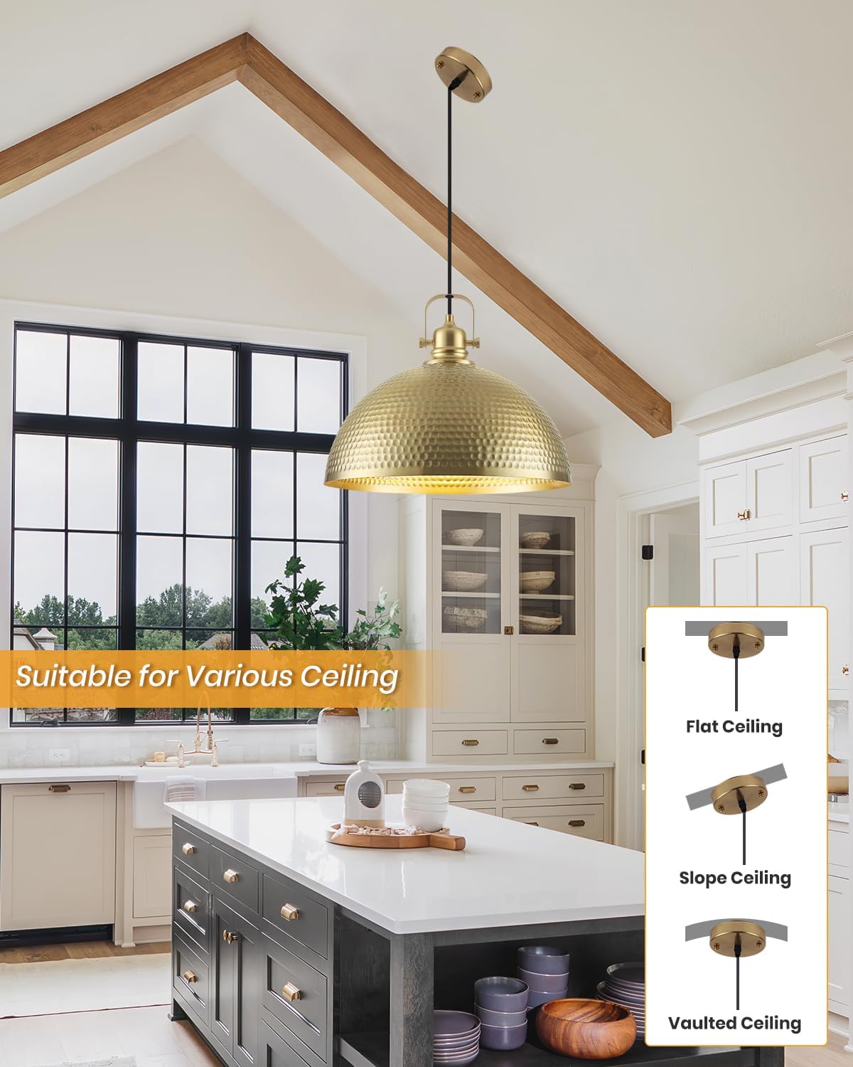 1 Pack Gold Pendant Light 16 inch, Hammered Large Dome Pendant Light, Industrial Farmhouse Pendant Lights Kitchen Island, Gold Island Pendant Lights for Kitchen, Dining Room Living Room