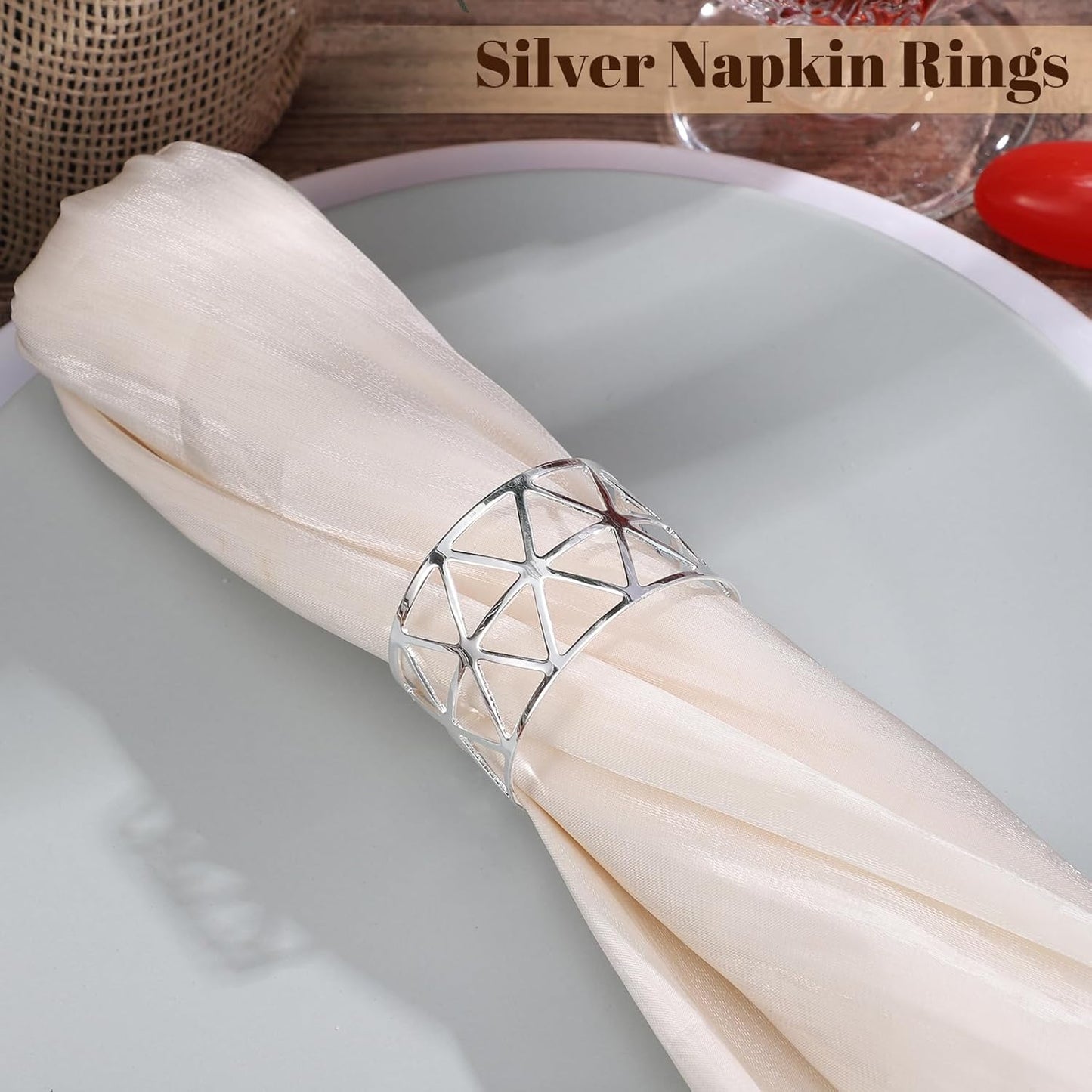 12Pcs Napkin Rings, Christmas Napkin Rings Set of 12, Metal Napkin Ring Set, Hollow Design Holiday Napkin Holders for Dining, Christmas Gathering, Table Setting Decoration, Wedding(Silver)