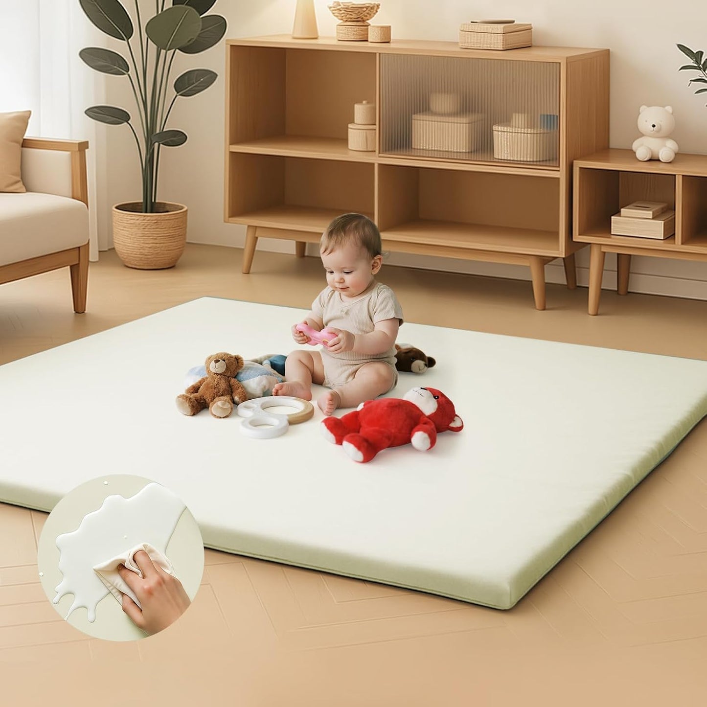 Inaya Baby Play Mat Vegan Leather 50x50”, Waterproof - Wipeable, Soft and Thick Foam Cushioned Floor Mat for Babies and Toddlers, Ideal for Crawling, Tummy Time, Playpen & Diaper Change, Stylish Beige