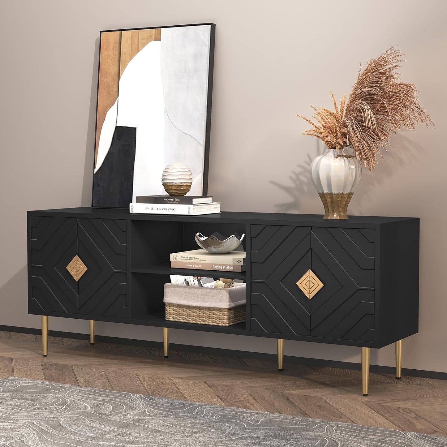 HLR 63''Modern Black TV Stand for 65/70/75 inch TV, Entertainment Center with Storage Cabinet, Mid CenturyTV Console,Embossed Pattern TV Stand, TV Media Console for Living Room, Bedroom