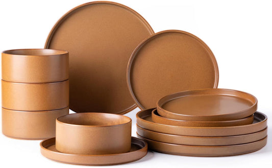 LERATIO Ceramic Dinnerware Sets for 4, High Edge Stoneware Plates and Bowls Set, Chip and Crack Resistant | Oven & Dishwasher & Microwave Safe Dishes Set, Service for 4 -Caramel