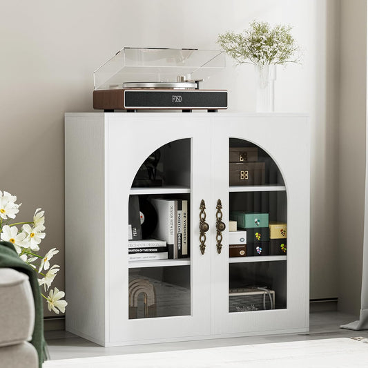 Modular Buffet Storage Cabinet, Glass 2-Door Kitchen Sideboard Buffet Console w/Adjustable Shelves, Wood Modular Organizer for Kitchen Living Room, 31.5 Inch