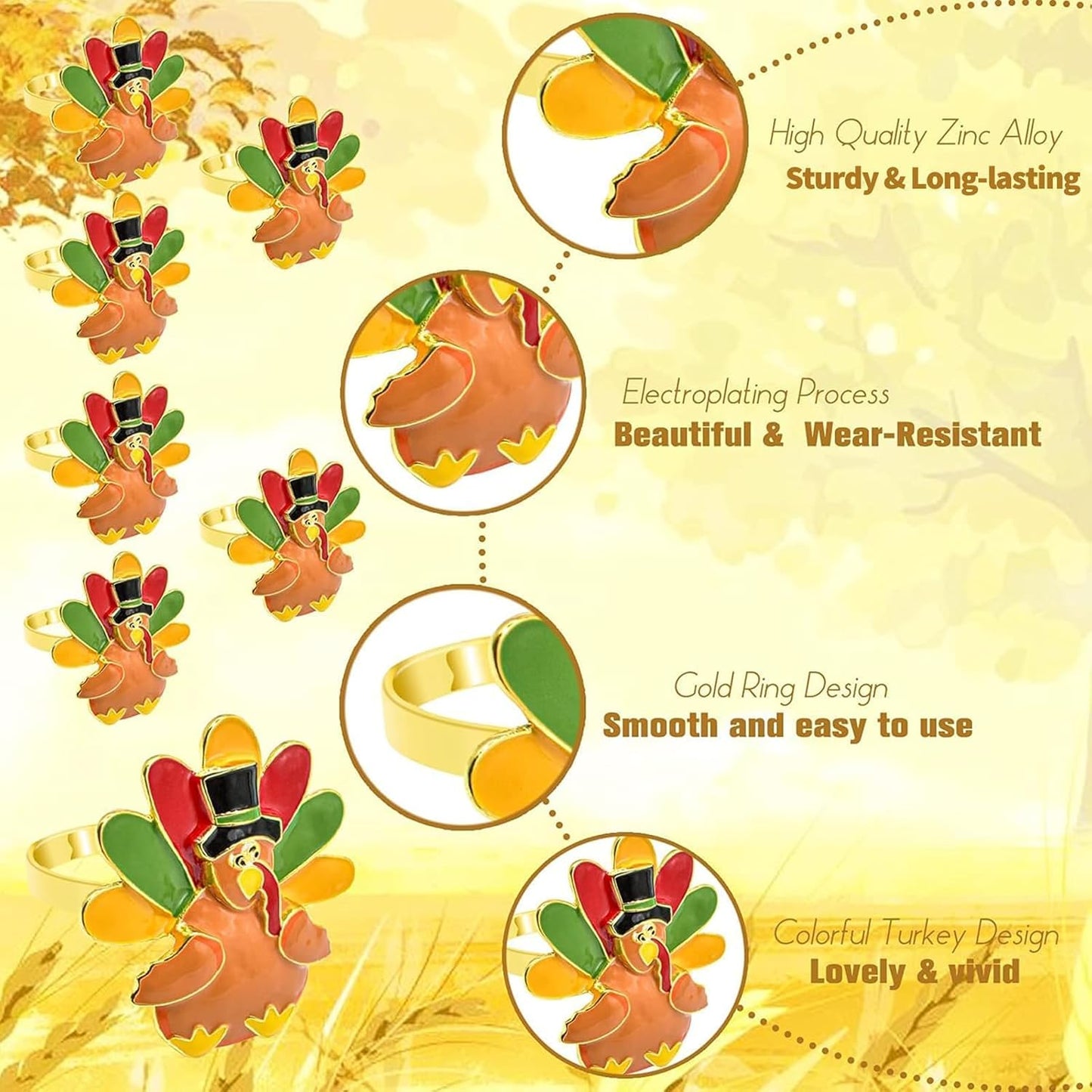 Legigo Set of 12 Turkey Napkin Rings for Thanksgiving Decorations- Thanksgiving Napkin Holder Fall Napkin Rings for Dinner Wedding Banquet Family Gatherings Table Settings Decor Present
