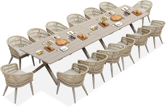 PURPLE LEAF 16 Pieces Outdoor Dining Set All-Weather PE Rattan Outdoor Patio Furniture Set with All Aluminum Frame Rectangular Table and Chairs Set for Lawn Garden Backyard Deck, Champagne