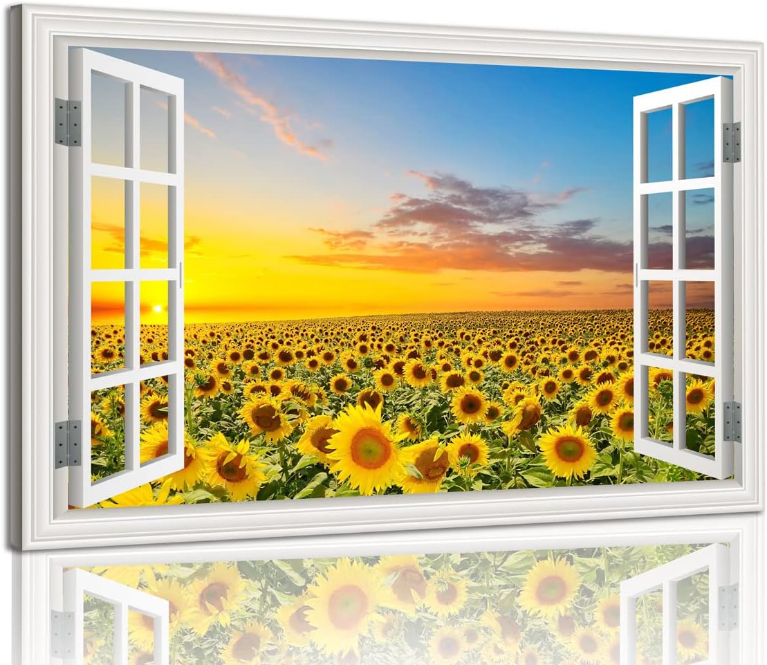 Sunflower Wall Art Decor for Living Room Window Style Sunset Canvas Picture for Bedroom Realism Yellow Flowers Filed Artwork for Bathroom Nature Landscape Prints Paintings for Kitchen Home Office