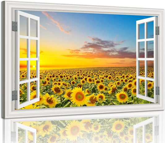 Sunflower Wall Art Decor for Living Room Window Style Sunset Canvas Picture for Bedroom Realism Yellow Flowers Filed Artwork for Bathroom Nature Landscape Prints Paintings for Kitchen Home Office
