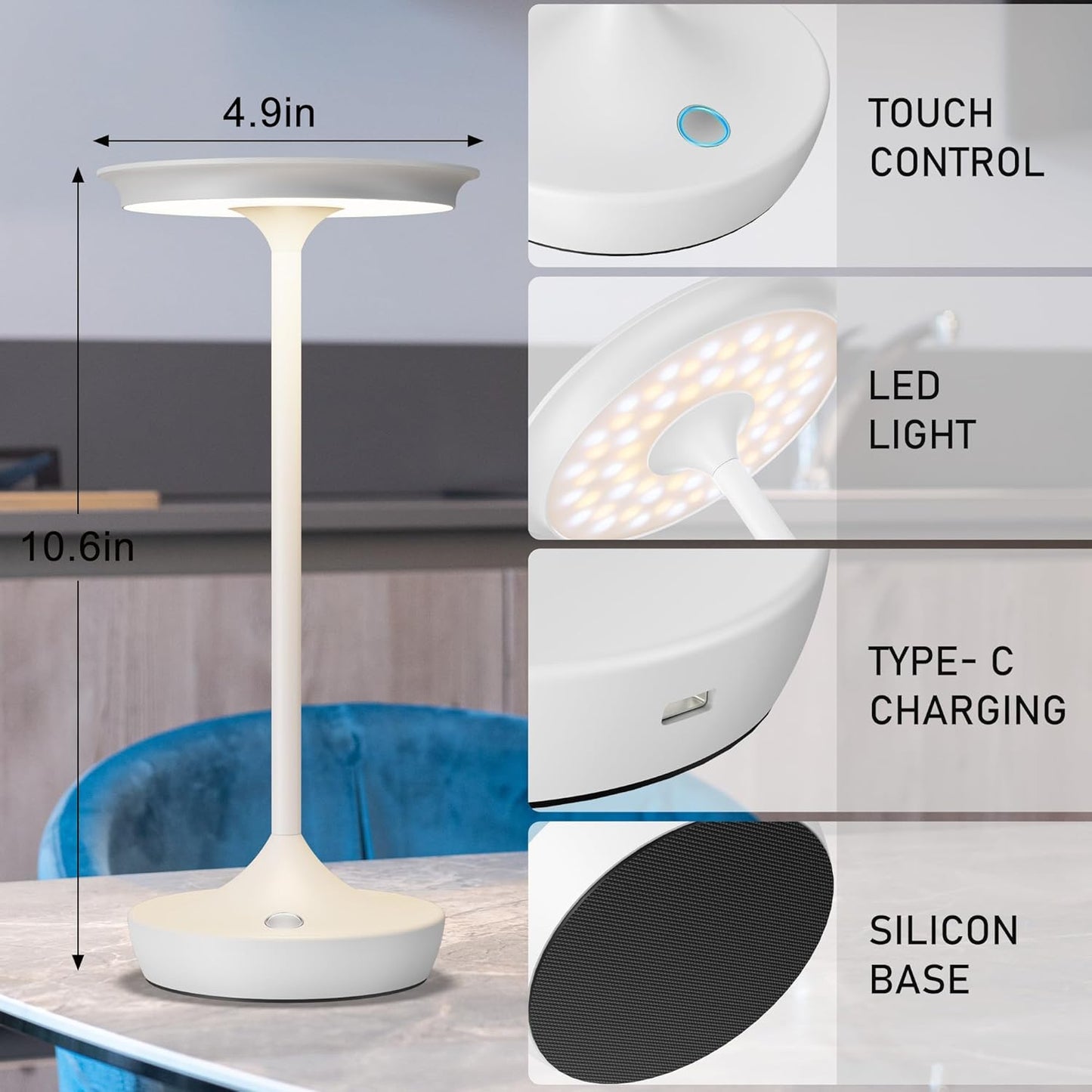 YHT Cordless Rechargeable Table Lamps, Portable 6000mAh Battery Desk Lamp Waterproof 3 Color Stepless Dimming LED Table Light with Memory Function for Outdoor/Dinning/Patio/Restaurant (White 1Pack)