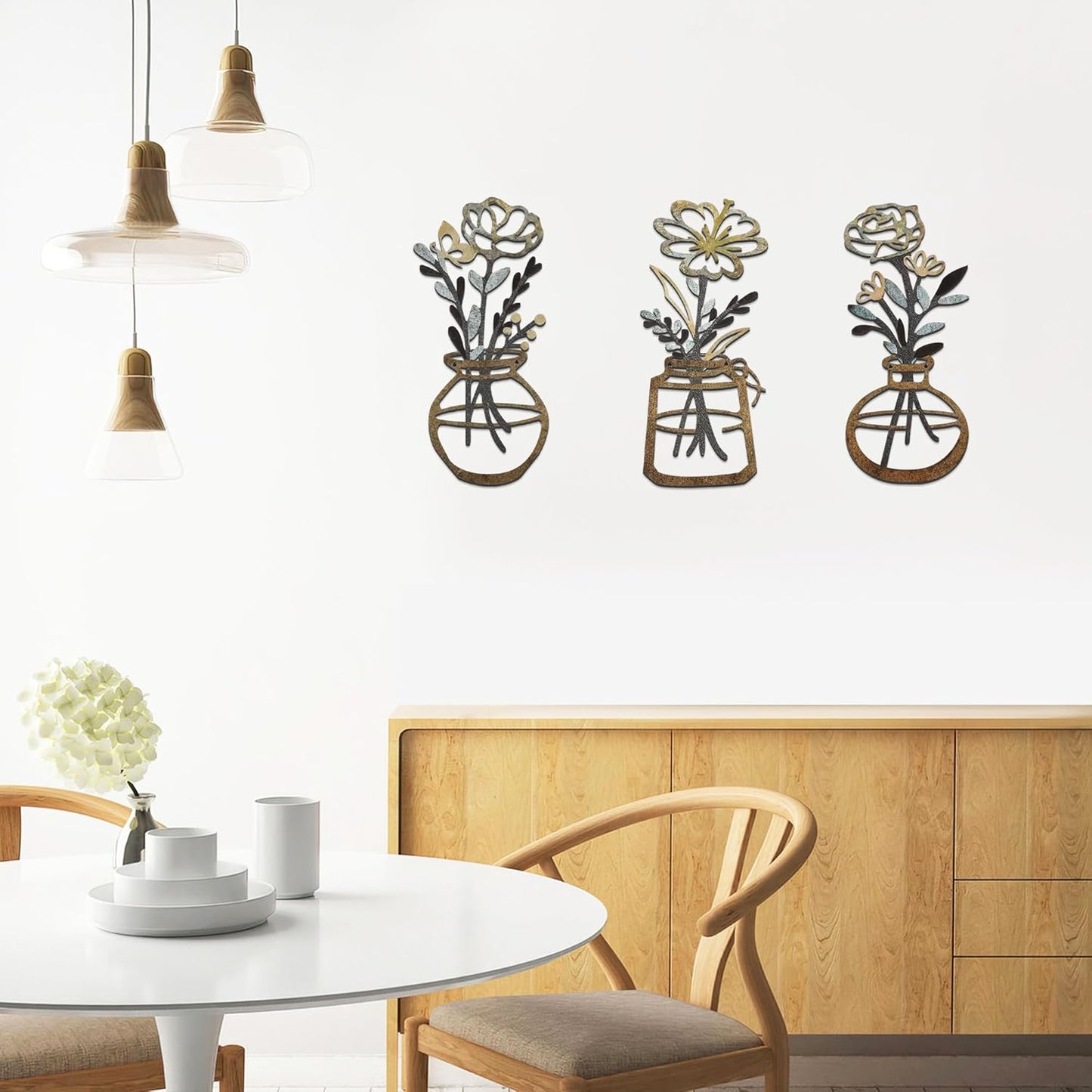 Metal Flower Wall Art 3 Pieces, Rustic Farmhouse Decor Wall Decor, Metal Wall Sculptures Hanging for Kitchen Bathroom Living Room (Brown)