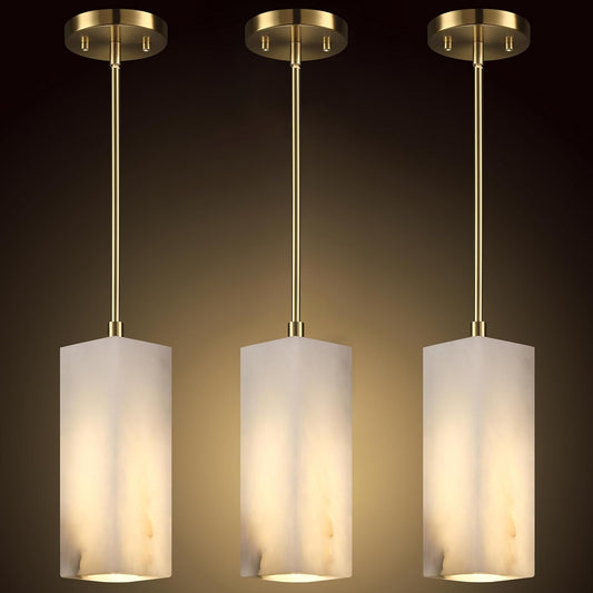 1 Light Modern Industrial Farmhouse Hanging Kitchen Island Pendant Ceiling Light Fixture,Square Natural Alabaster Marble Brushed Bronze Finish Over Sink Restaurant bar Corridor