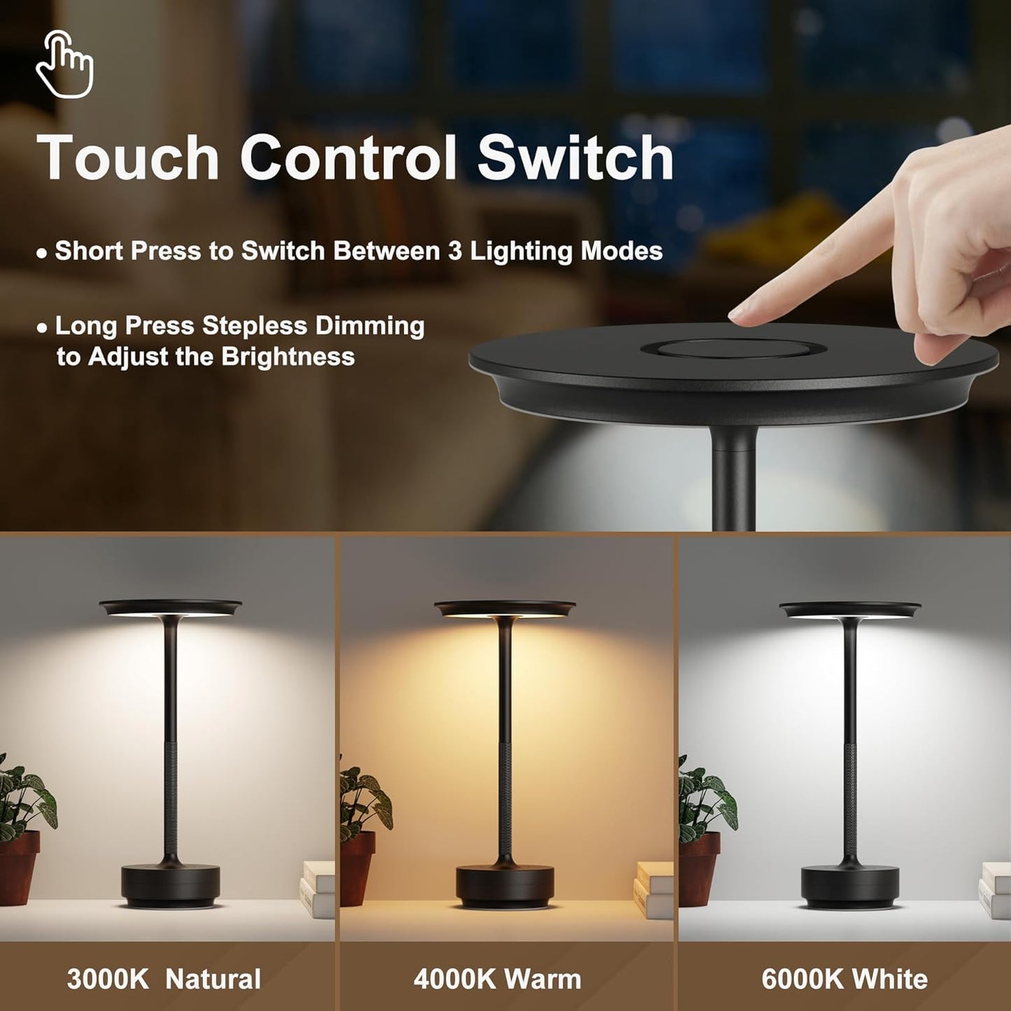 2 Pack Cordless Table Lamps Rechargeable, 5000mAh Portable LED Table Light, 3 Color Stepless Dimming Battery Powered Table Lamp, for Patio/Restaurant/Home/Outdoor.(Black)