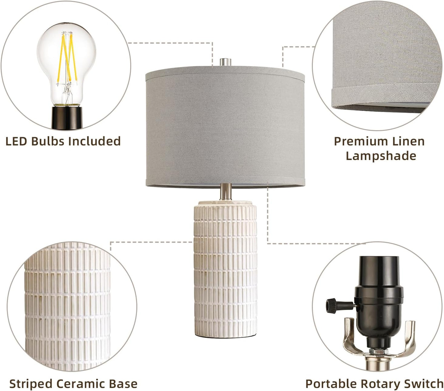 23" Set of 2 Ceramic Table Lamps, Farmhouse Bedside Lamp for Bedroom Living Room Nightstand Entryway, Side Table Lamps Modern Desk Lamp, 2 LED Bulbs Included (Gray)