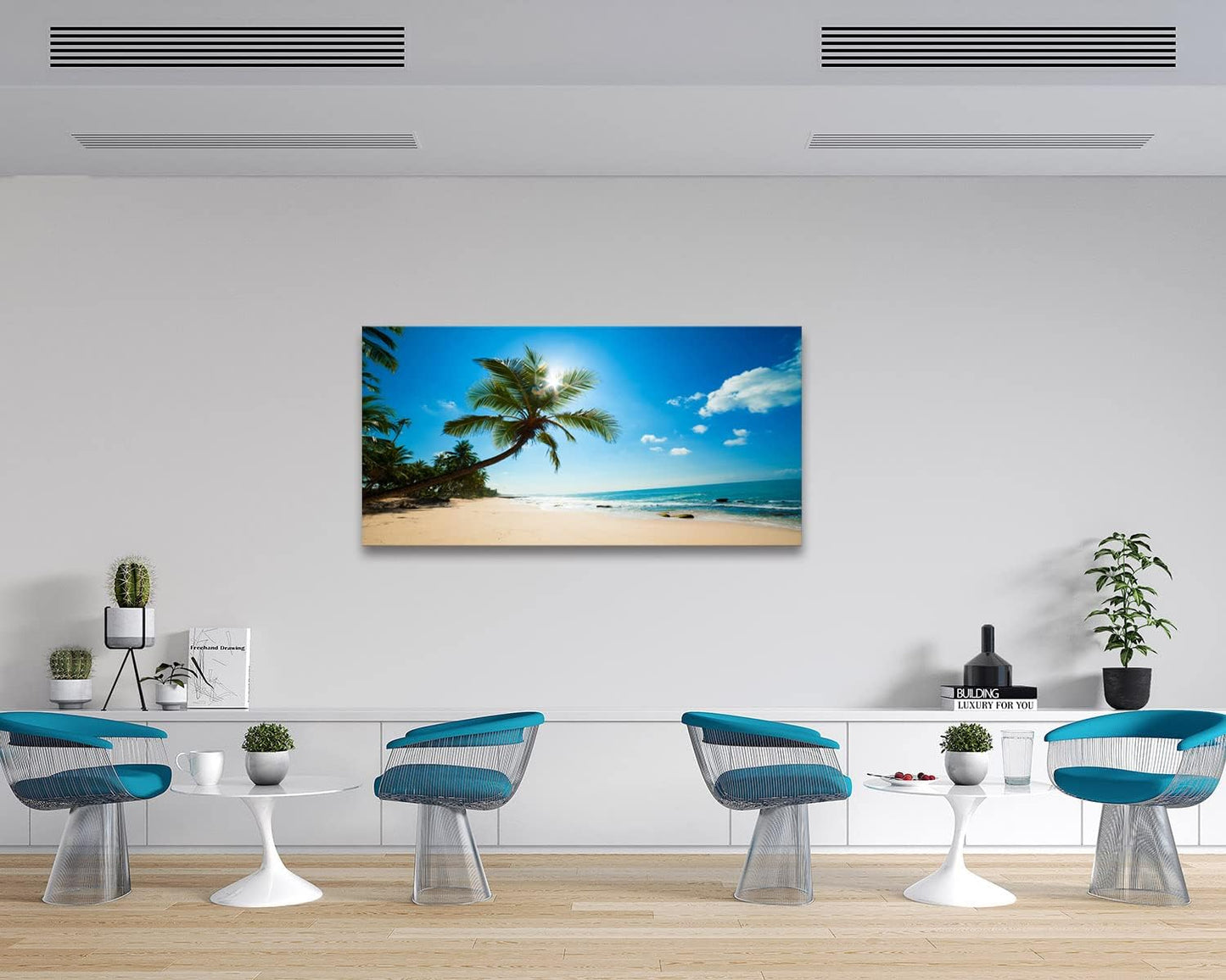 Muolunna X0650 Large Canvas Wall Art Summer Ocean Waves Prints Coconut Trees Beach Seascape Painting Hawaii Sea Nature Pictures Stretched and Framed for Living Room Home Office Wall Decor Artwork