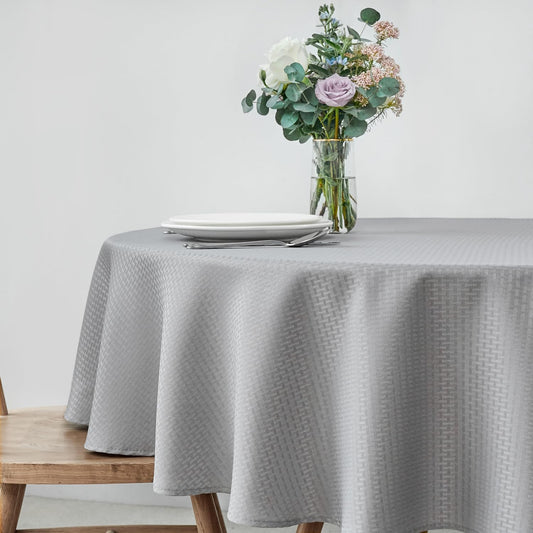 maxmill Round Weaved Texture Design Tablecloth Spill-Proof Wrinkle Free Soft Washable Table Cloth for Circular Table Cover, for Dining Room Buffet Banquet Parties Holiday Dinner, 90 Inch Light Grey