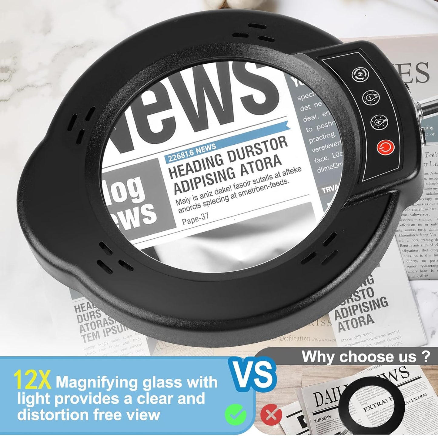 Upgrade 12X Magnifying Glass with Light and Stand, Real Glass Magnifying lamp, 5 Color Modes Stepless Dimmable, 84 LEDs, Magnifier with Light Hands Free for Close Work, Reading Craft Repair