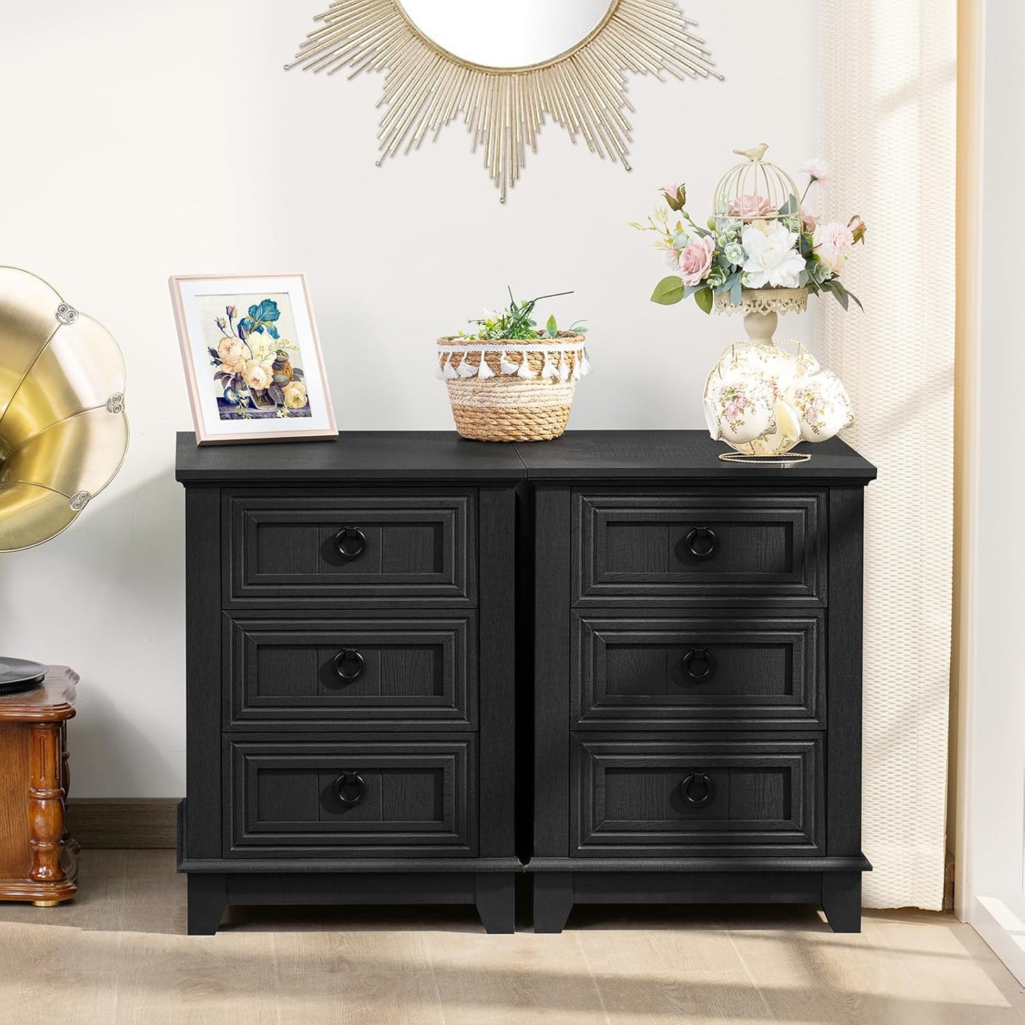 18" Farmhouse Night Stand with 3 Drawers, Wood End Table Dresser for Bedroom, Black Nightstand, Bed Side Table with Metal Handle, Bedside Cabinet for Bedroom Living Room, Closet