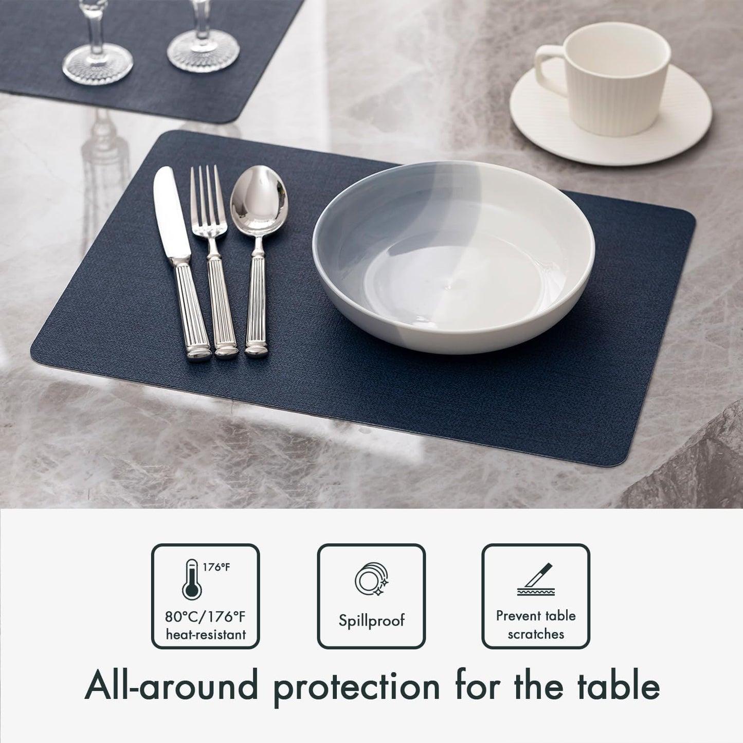 Faux Leather Placemats Set of 6 Vinyl Washable Wipeable Table Mats for Kitchen Dining Table Heat Resistant Waterproof Modern Indoor/Outdoor Placemats Non-Slip Easy Clean Place Mats (Navy)