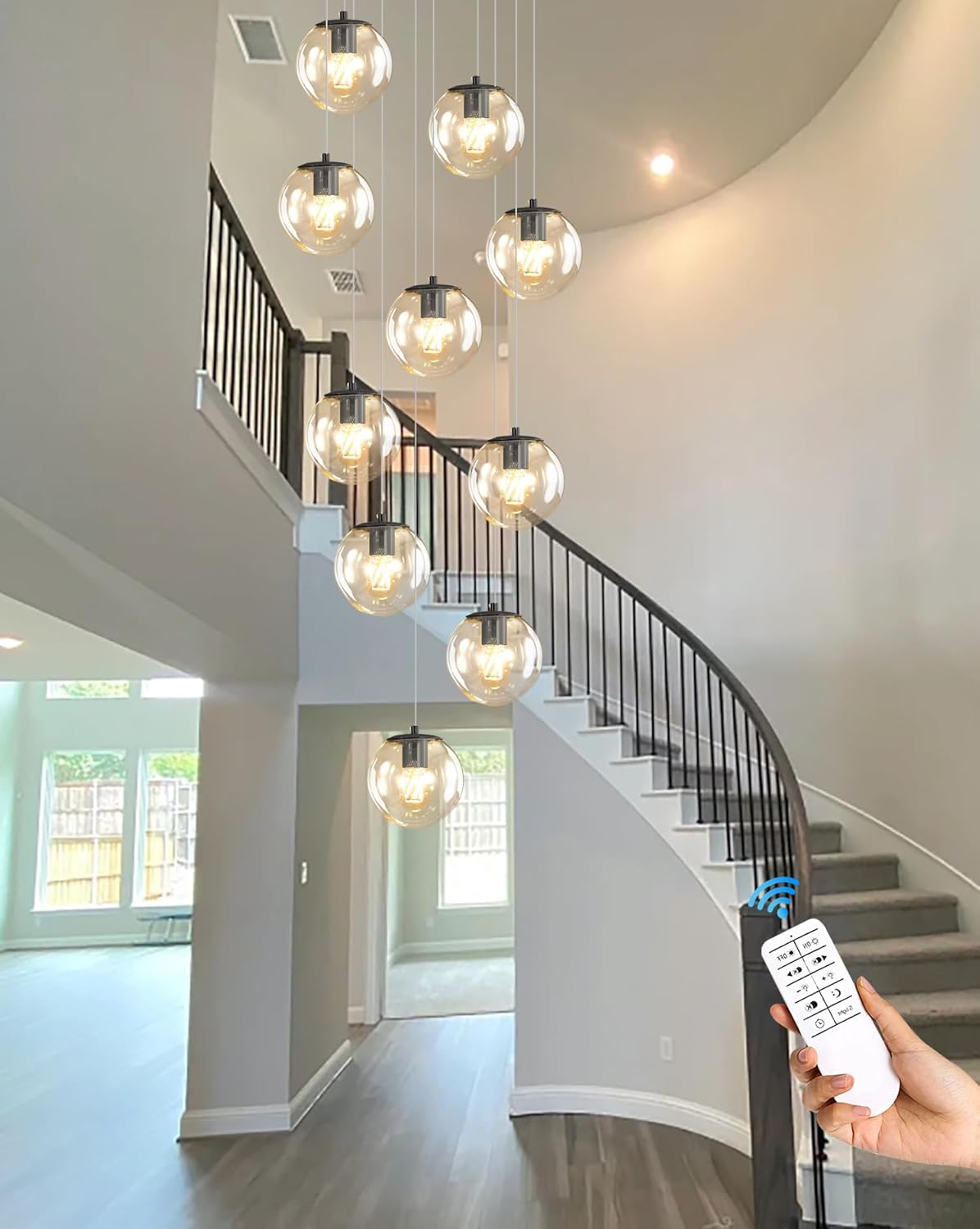 10-Light LED Staircase Modern Glass Globe Pendant Light Large Chandeliers for High Ceilings, Entryway Lighting Fixture Villas and Stairs