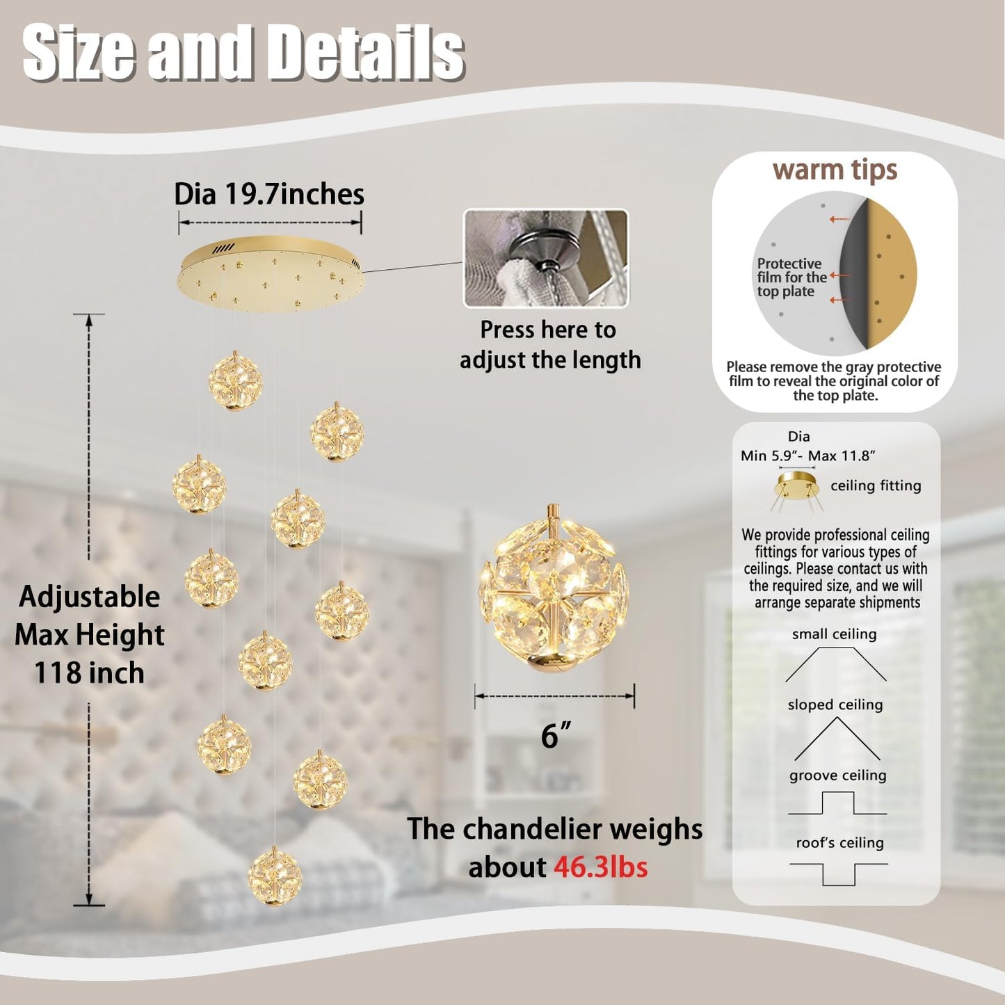 10-Light LED Staircase Modern Pendant Light Gold Crystal Ball Chandeliers Large Chandeliers for High Ceilings, Entryway Lighting Fixture Villas and Stairs