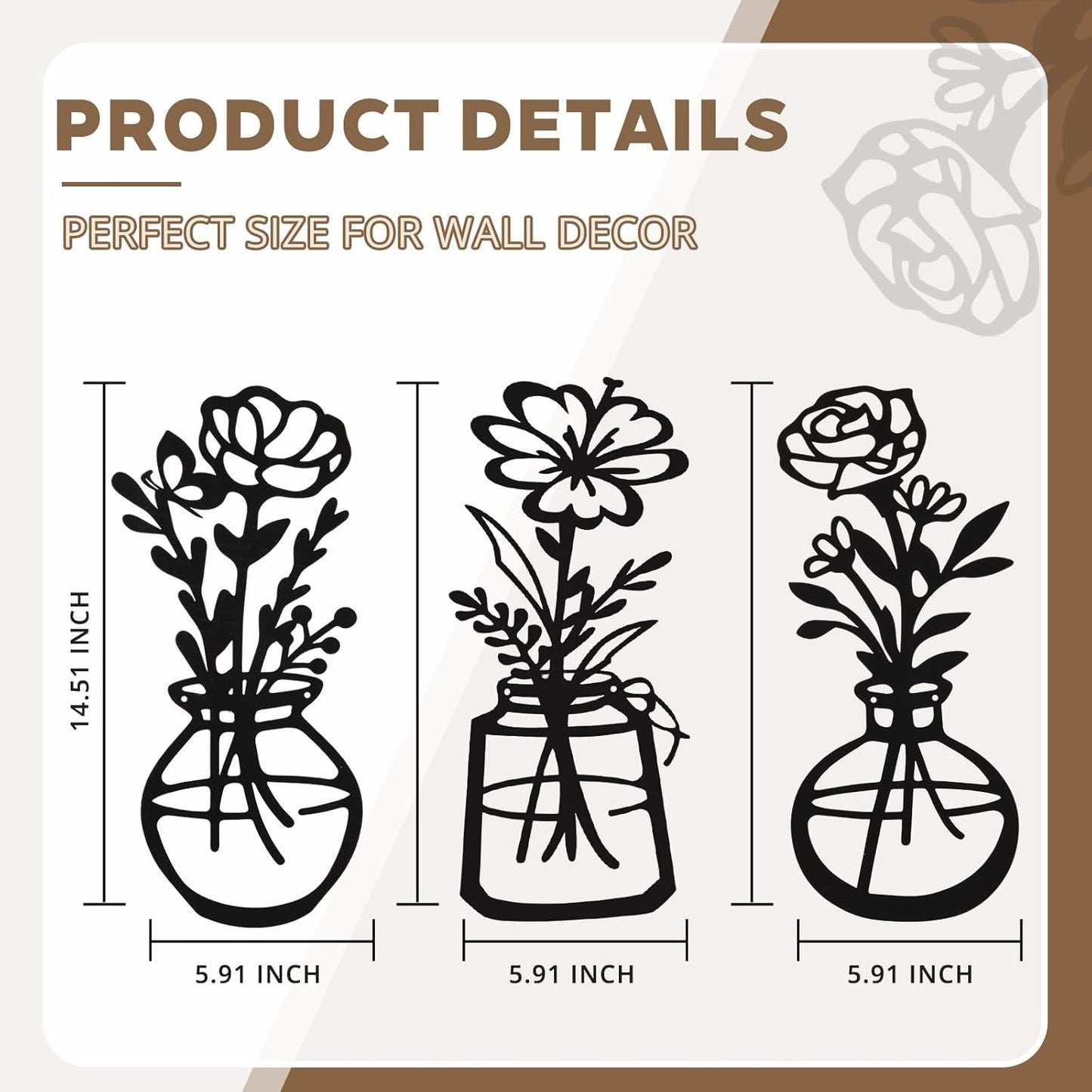 Metal Flower Wall Art 3 Pieces, Rustic Farmhouse Decor Wall Decor, Metal Wall Sculptures Hanging for Kitchen Bathroom Living Room (Black)