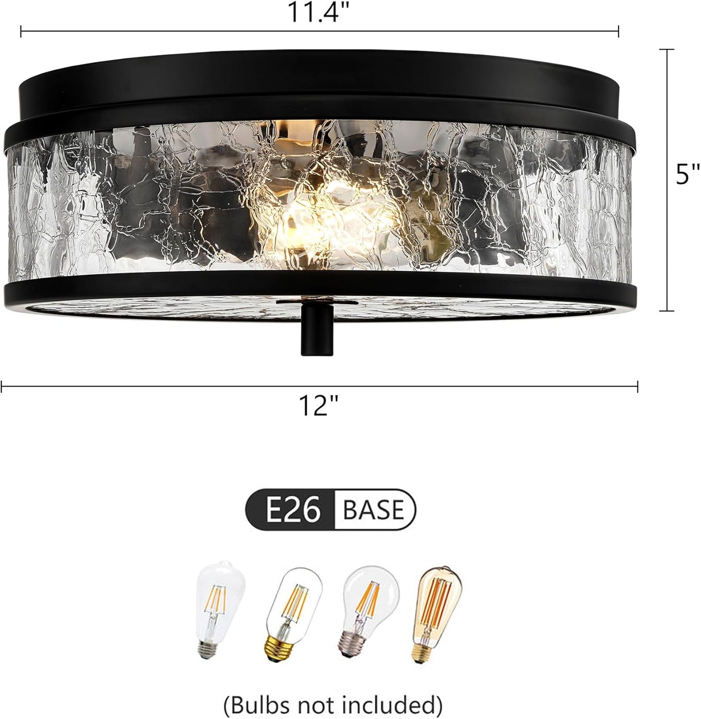 LamQee 12 Inch Flush Mount Ceiling Light with Crackled Glass Shade, 2-Lights Modern Farmhouse Close to Ceiling Lighting Fixture for Hallway Kitchen Bedroom Bathroom Foyer Entryway, Matte Black Finish