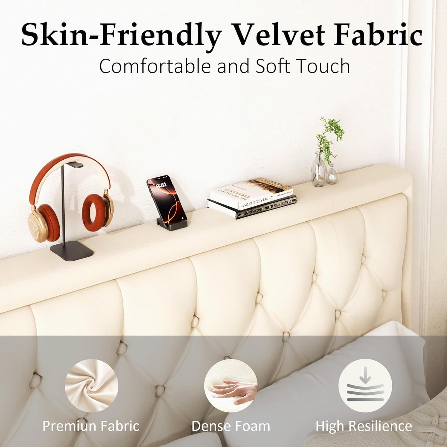 King Size Platform Bed Frame with Upholstered Velvet Button Tufted Headboard, Mattress Foundation with Wooden Slat Support, No Box Spring Needed, Easy Assembly, Noise Free, Beige