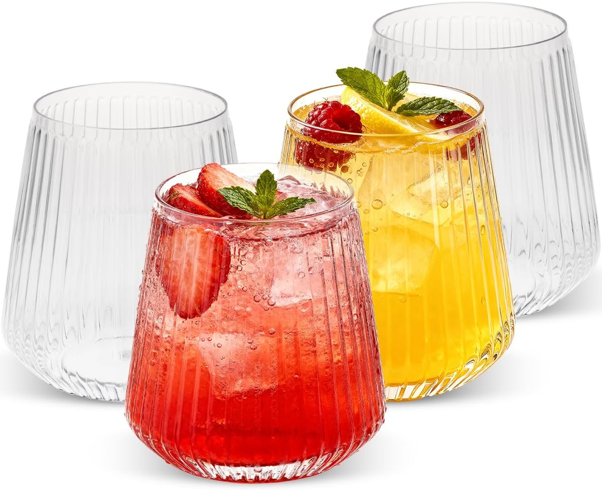Goodluck 36 Pack 12oz Stemless Plastic Wine Glasses – Clear Ribbed Cups, Elegant Reusable Disposable Drinkware for Weddings, Parties, Bars, Indoor and Outdoor Events