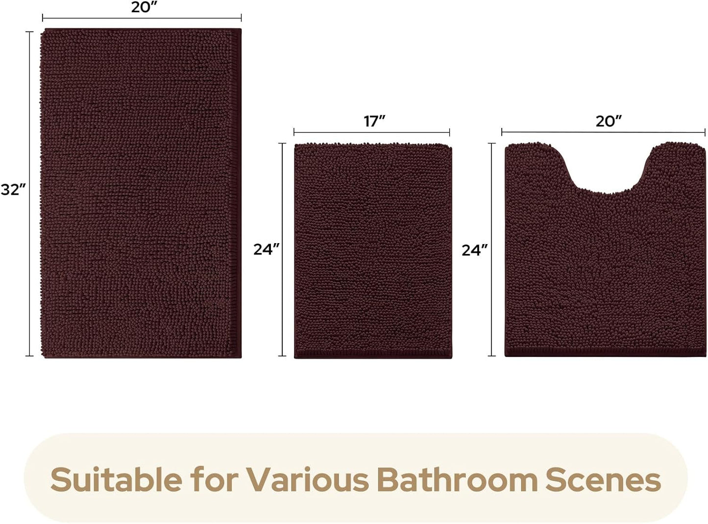 HOMEIDEAS 3 Pieces Bathroom Rugs, Ultra Soft Non Slip Absorbent Chenille Toilet Bath Mat Set (Brown,17"x24"+20"x32"+U Shape 20"x24")