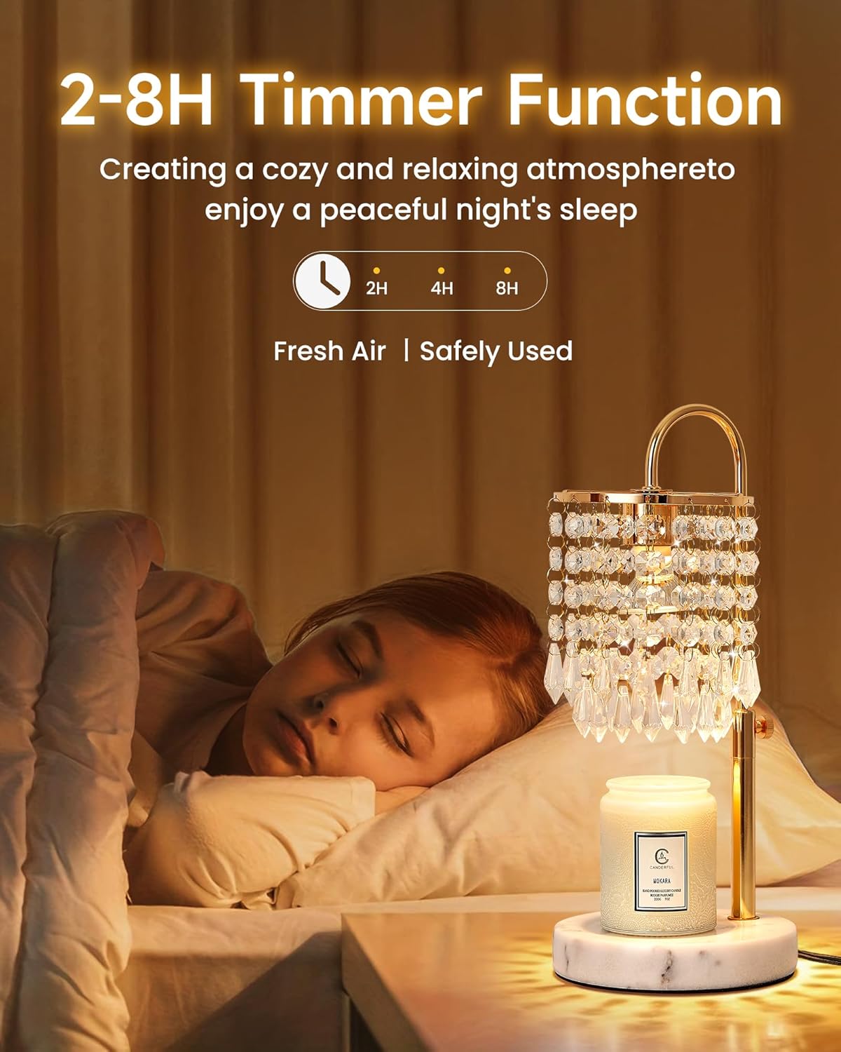 Candle Warmer Lamp with Timer Dimmer and 3 Bulbs, Lamp Candle Warmer with Marble Base for Adjustable Height, Crystal Candle Warmer Lamp for Jar Candles, House Warming Decor Gifts, French Gold