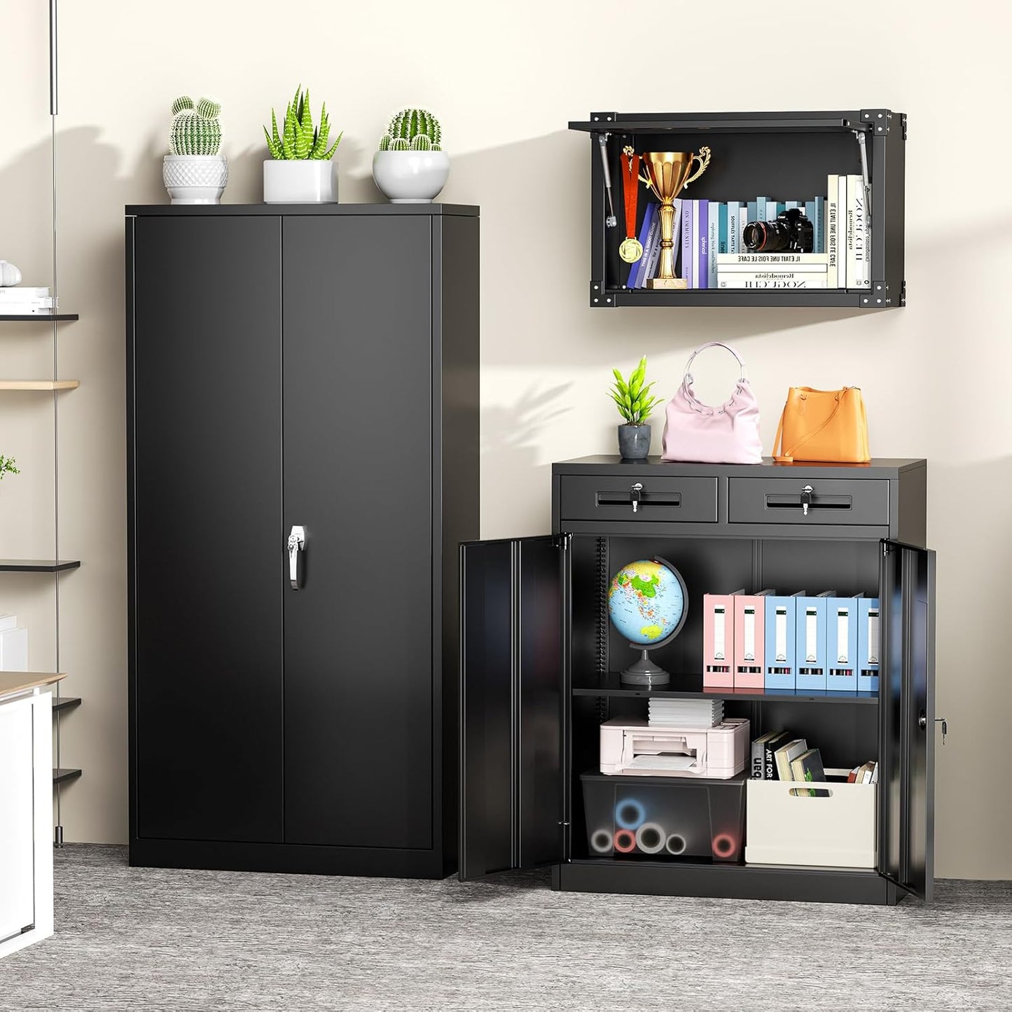 Greenvelly Metal Storage Cabinet with Drawers, 36' Black Steel Garage & Office Storage with Doors and Adjustable Shelves, Locking Metal Tool Cabinet