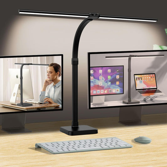 LED Desk Lamp for Home Office, Double Head 24W with Base, Architect Light 5 Lighting Brightness Flexible Gooseneck Table Reading Study, Black