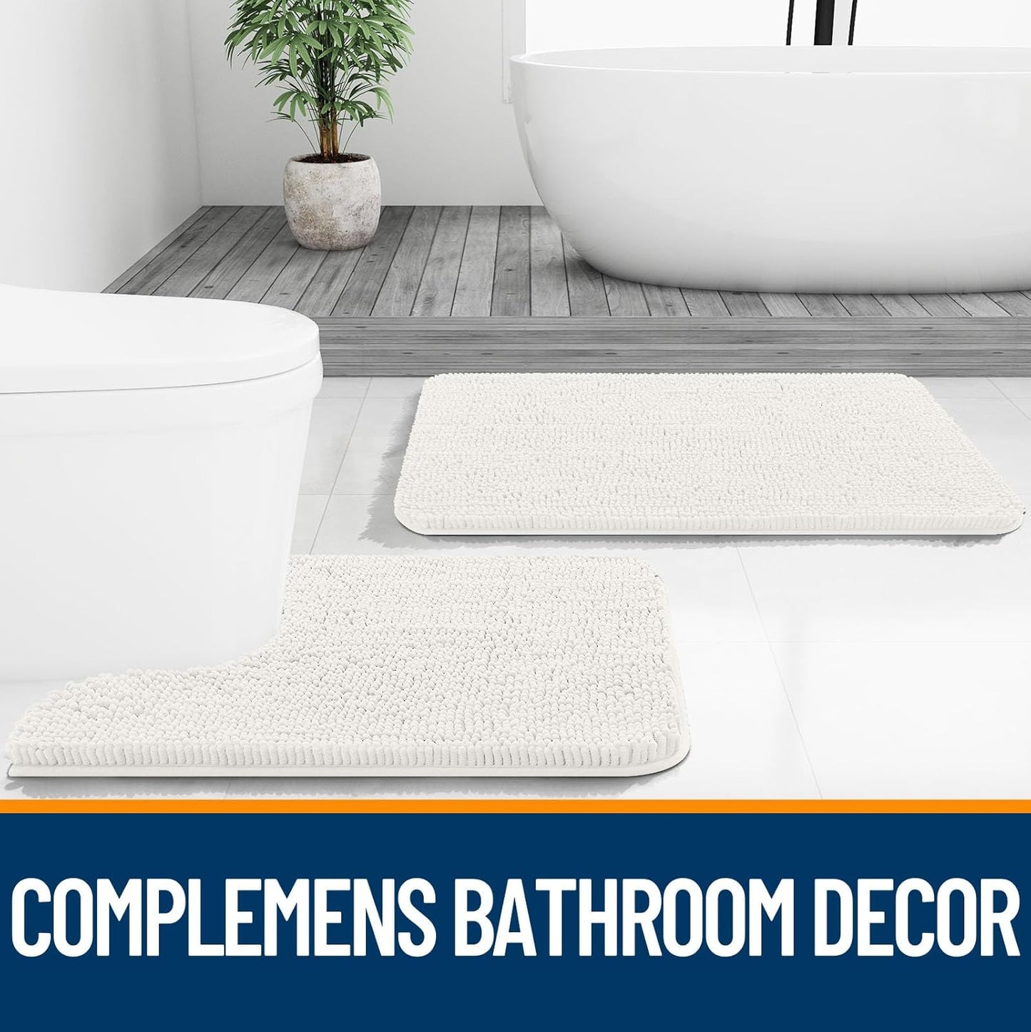 OLANLY Bathroom Rugs Sets 3 Piece, Soft Absorbent Chenille Bath Mats and U-Shaped Contour Toilet Rug, Quick Dry, Home Decor Accessories, Bath Mat Set for Bathroom (30"x20"+24"x16"+24"x20", Ivory)