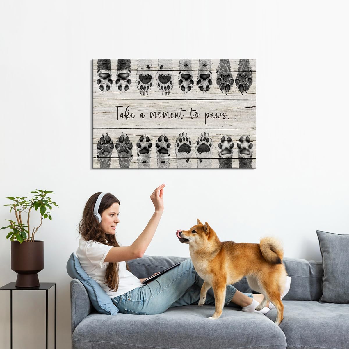 Dog Art Animal Canvas Wall Art Take a Moment to Paws Wall Art Dog Art Wall Decor Animal Pictures Paw Print Wall Decor Dog Picture Puppy Paw Print Dog Quotes Wall Decor for Bedroom Decor (24''Hx36''W)